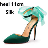 Crystal Queen Woman Satin Shoes Elegant Ankle Strap Party Bow-knot High Thin Heels Sandals Sexy High Heels White Wedding Shoes