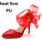 Crystal Queen Woman Satin Shoes Elegant Ankle Strap Party Bow-knot High Thin Heels Sandals Sexy High Heels White Wedding Shoes