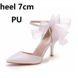 Crystal Queen Woman Satin Shoes Elegant Ankle Strap Party Bow-knot High Thin Heels Sandals Sexy High Heels White Wedding Shoes