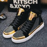 Wexleyjesus   2021 Cool Men High Top Men Gold Glitter Sneakers Lace Up Crystal Platform Flats Gold Shoes Man Sequins  Bling Shoes AC-2