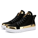 Wexleyjesus   2021 Cool Men High Top Men Gold Glitter Sneakers Lace Up Crystal Platform Flats Gold Shoes Man Sequins  Bling Shoes AC-2