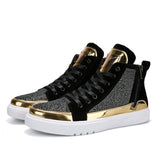 Wexleyjesus   2021 Cool Men High Top Men Gold Glitter Sneakers Lace Up Crystal Platform Flats Gold Shoes Man Sequins  Bling Shoes AC-2