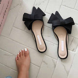 Wexleyjesus 2023 spring and summer women's shoes Korean satin big bow pointed sandals and slippers Baotou flat heel half slippers