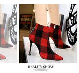 Wexleyjesus  European and American style fashion winter women's boots with high-heeled pointed suede was thin trend plaid ankle boots