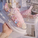 Girls Princess Sponge Cake Canvas Shoes Pink Satin Handmade Rhinestone Flowers Beautiful Lace High Platform Sneakers