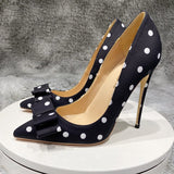 Bowknot design black pumps white dot 12cm thin high heels spring summer pointed toe slip on plus 45 lady 10cm 8cm BM024 ROVICIYA