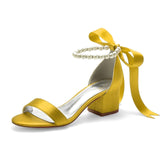 Mid Heels Satin Pearls Wedding Sandals Open Toe Ribbon Tie Block Heel Prom Evening Formal Party Dress Sandals Shoes