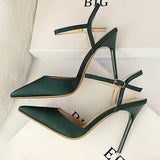2022 Summer Women 10cm High Heels Sandals Lady Sexy Pointed Toe Size 40 Pumps Female Satin Silk Buckle Green Sandles Prom Shoes