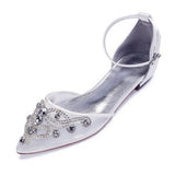 Elegant bridal wedding flat shoes pointed toe ankle strap crystal applique mesh satin evening dress flats party prom girl' dance