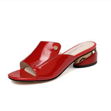 Red Sexy PU Soft Patent Leather Sewing Fish Mouth Slippers Open Toes Hoof Heels Slides Shoes Designer Non-Slip Sandals Plus Size