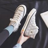 Hight-top Canvas Shoes Chic Women's 2020 New Style White Shoes Spring Korean-style Girls Heart Sneakers 35-40 High Low Lace Up