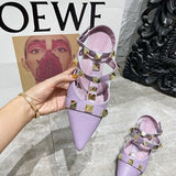 Wexleyjesus  2021 New Rivet Pointed Thin Heel Baotou Half Slipper Female Middle Heel Shallow Mouth Lazy Mueller Shoes