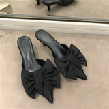 Wexleyjesus  2022 New Spring Slippers Women's Korean-Style Pointed Polka Dot Bow Stiletto Mid-Heel Low Heel Slippers Polka Dot Half Slippers