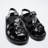 Meotina Women Sandals 2021 Gladiator Shoes Round Toe Flat Sandals T-Strap Brand Design Ladies Footwear Black 40