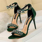 Wexleyjesus Shoes Woman Heels Crystal Bridal Wedding Shoes Ladies Silk Elegant High Heel Shoes Stiletto Women Pumps Female Sandals