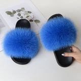 Women Summer Casual Fluffy Slippers With Fur Flat Non-Slip Real Fox Fur Furry Slides Large Size Shoes Fur Sandals Free Shipping