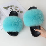 Women Summer Casual Fluffy Slippers With Fur Flat Non-Slip Real Fox Fur Furry Slides Large Size Shoes Fur Sandals Free Shipping