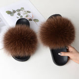 Women Summer Casual Fluffy Slippers With Fur Flat Non-Slip Real Fox Fur Furry Slides Large Size Shoes Fur Sandals Free Shipping