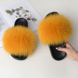 Women Summer Casual Fluffy Slippers With Fur Flat Non-Slip Real Fox Fur Furry Slides Large Size Shoes Fur Sandals Free Shipping