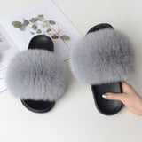 Women Summer Casual Fluffy Slippers With Fur Flat Non-Slip Real Fox Fur Furry Slides Large Size Shoes Fur Sandals Free Shipping