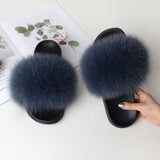 Women Summer Casual Fluffy Slippers With Fur Flat Non-Slip Real Fox Fur Furry Slides Large Size Shoes Fur Sandals Free Shipping