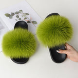 Women Summer Casual Fluffy Slippers With Fur Flat Non-Slip Real Fox Fur Furry Slides Large Size Shoes Fur Sandals Free Shipping