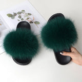 Women Summer Casual Fluffy Slippers With Fur Flat Non-Slip Real Fox Fur Furry Slides Large Size Shoes Fur Sandals Free Shipping