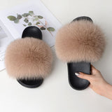 Women Summer Casual Fluffy Slippers With Fur Flat Non-Slip Real Fox Fur Furry Slides Large Size Shoes Fur Sandals Free Shipping