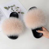 Women Summer Casual Fluffy Slippers With Fur Flat Non-Slip Real Fox Fur Furry Slides Large Size Shoes Fur Sandals Free Shipping