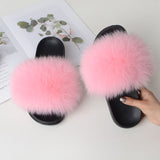 Women Summer Casual Fluffy Slippers With Fur Flat Non-Slip Real Fox Fur Furry Slides Large Size Shoes Fur Sandals Free Shipping