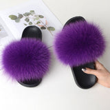 Women Summer Casual Fluffy Slippers With Fur Flat Non-Slip Real Fox Fur Furry Slides Large Size Shoes Fur Sandals Free Shipping