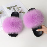 Women Summer Casual Fluffy Slippers With Fur Flat Non-Slip Real Fox Fur Furry Slides Large Size Shoes Fur Sandals Free Shipping