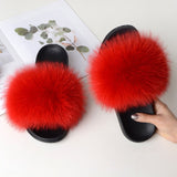 Women Summer Casual Fluffy Slippers With Fur Flat Non-Slip Real Fox Fur Furry Slides Large Size Shoes Fur Sandals Free Shipping