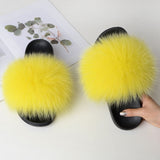 Women Summer Casual Fluffy Slippers With Fur Flat Non-Slip Real Fox Fur Furry Slides Large Size Shoes Fur Sandals Free Shipping