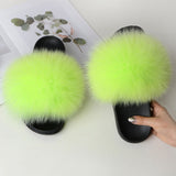 Women Summer Casual Fluffy Slippers With Fur Flat Non-Slip Real Fox Fur Furry Slides Large Size Shoes Fur Sandals Free Shipping