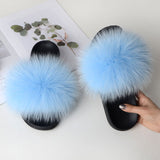 Women Summer Casual Fluffy Slippers With Fur Flat Non-Slip Real Fox Fur Furry Slides Large Size Shoes Fur Sandals Free Shipping