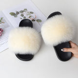 Women Summer Casual Fluffy Slippers With Fur Flat Non-Slip Real Fox Fur Furry Slides Large Size Shoes Fur Sandals Free Shipping