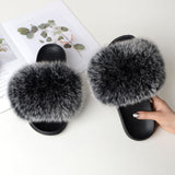 Women Summer Casual Fluffy Slippers With Fur Flat Non-Slip Real Fox Fur Furry Slides Large Size Shoes Fur Sandals Free Shipping