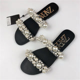 Women Vintage Pearl Boho Sandals Summer Shoes Flat Pearl Sandals Comfortable String Bead Slippers Casual Sandals Size