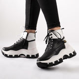 Callizio Women Genuine Leather 2022 Sport Ankle High Heel Laced Platform Comfortable Fashion White Boots Sneakers Winter Female Autumn Summer Spring Comfy Sexy Casual Black Goth Punk Luxury Shoes for Woman 2021 Size 35