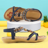 Women's Sandals Retro Fashion Flower Print Sewing Shoes Rhinestone Design Summer Sandals Soft Elastic Band Sandals Walking