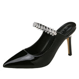 Rhinestones Band slingback patent leather pumps women slip on pointed toe footwear femm crystal stiletto high heels shoes woman