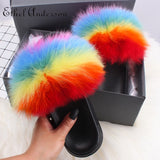 Wexleyjesus Real Fox Raccoon Fur Slippers for Women Fur Slides Flip Flops Beach Plush Fluffy Furry Designer Slippers Sandal