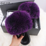 Wexleyjesus Real Fox Raccoon Fur Slippers for Women Fur Slides Flip Flops Beach Plush Fluffy Furry Designer Slippers Sandal
