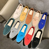 Trend New Kidsuede Women Flat Shoes Lazy Slip-on Metal Loafers Lady Casual Walk Shoes Woman Single Shoes Summer Real Leather