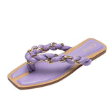 Women's Flip Flops European American New Style Women's Chain  Square Head Color Matching Pinch Flat Beach Sandals Woman Shoes