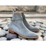 Wexleyjesus  2021 New Men Fashion Business Casual Dress Shoes Handmade Gray Faux Suede Adjustable Buckle Round Toe Low Heel Ankle Boots KS371