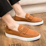 Wexleyjesus   New Men's Fashion tassels Casual Shoes Pu Board Shoes Frosted Metal Button Board Shoes Soft Sole Personality Men Shoes KS018