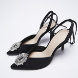 2022 Summer New Women's Black shoes Rhinestone Pointed Toe Ankle strapp Wedding shoes High Heel Sandals for Women