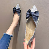 Point Shoes for Women Flat Heel Bowtie Silk Cloth Evening Shoes Lady Flat Bottom Scoop Shoes Large Size 44 45 46 31 32 33